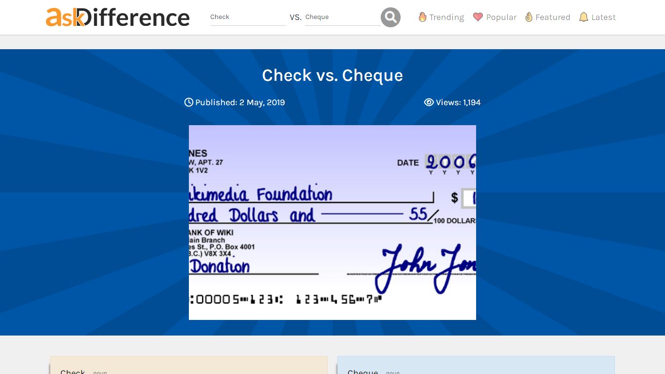 Check vs. Cheque - What's the difference? | Ask Difference