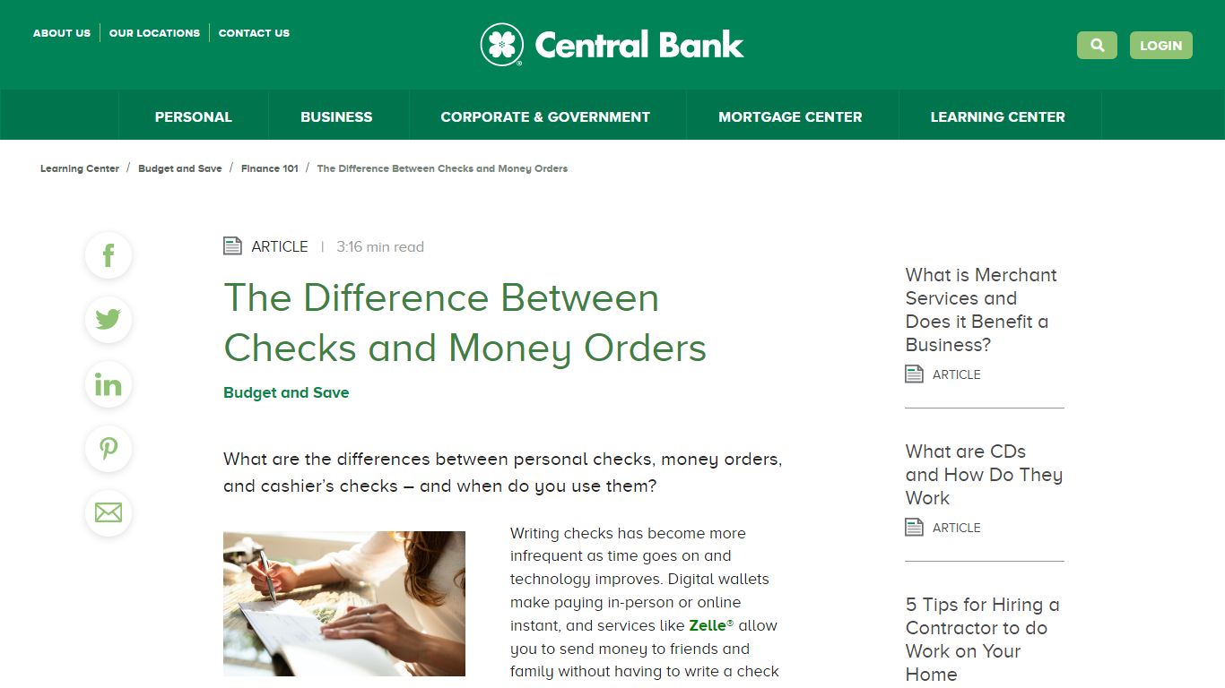 The Difference Between Checks and Money Orders | Central Bank